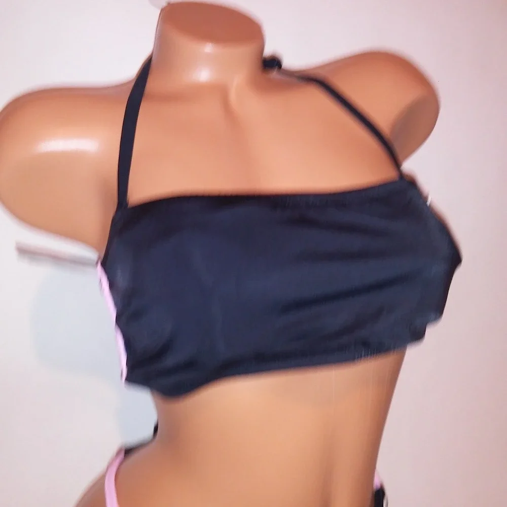 Victoria Secret PINK Swim Bikini Large Top & Bottom Black Pink Bandeau Braided